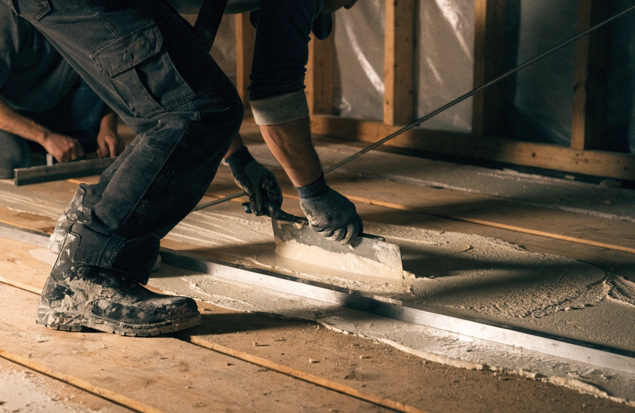 Contractor levelling a timber subfloor before tile installation in a Wollongong home