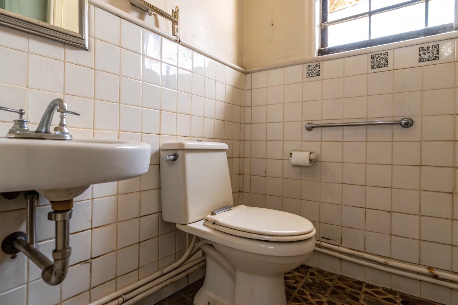 Worn, discoloured grout and dated tiles in an original 1980s bathroom
