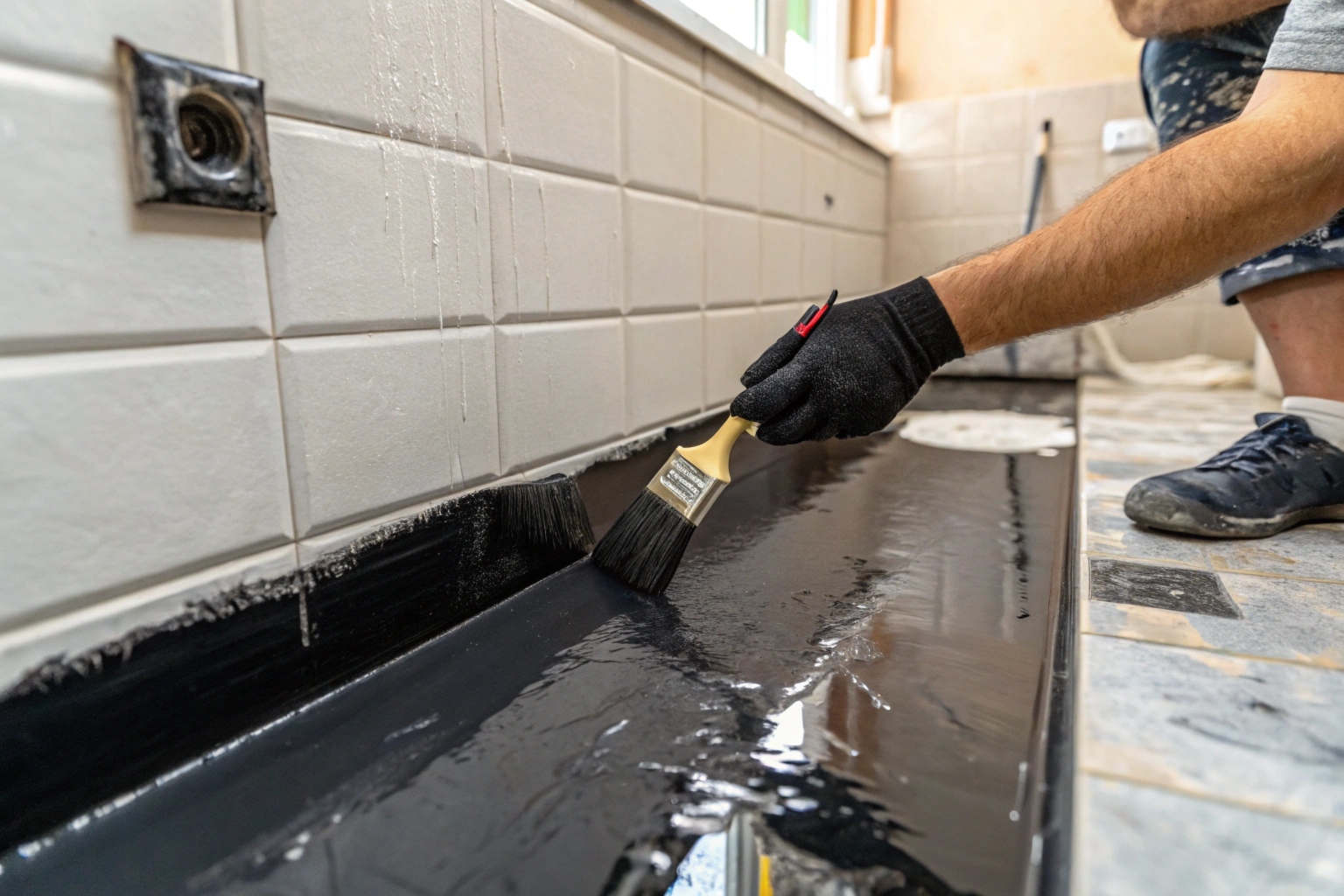 Tradesperson applying waterproofing membrane to a bathroom wall-floor corner junction