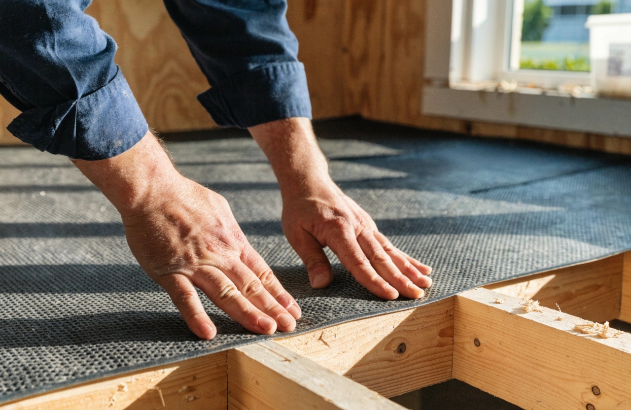 Close-up of a tradesperson's hands installing floor tiles