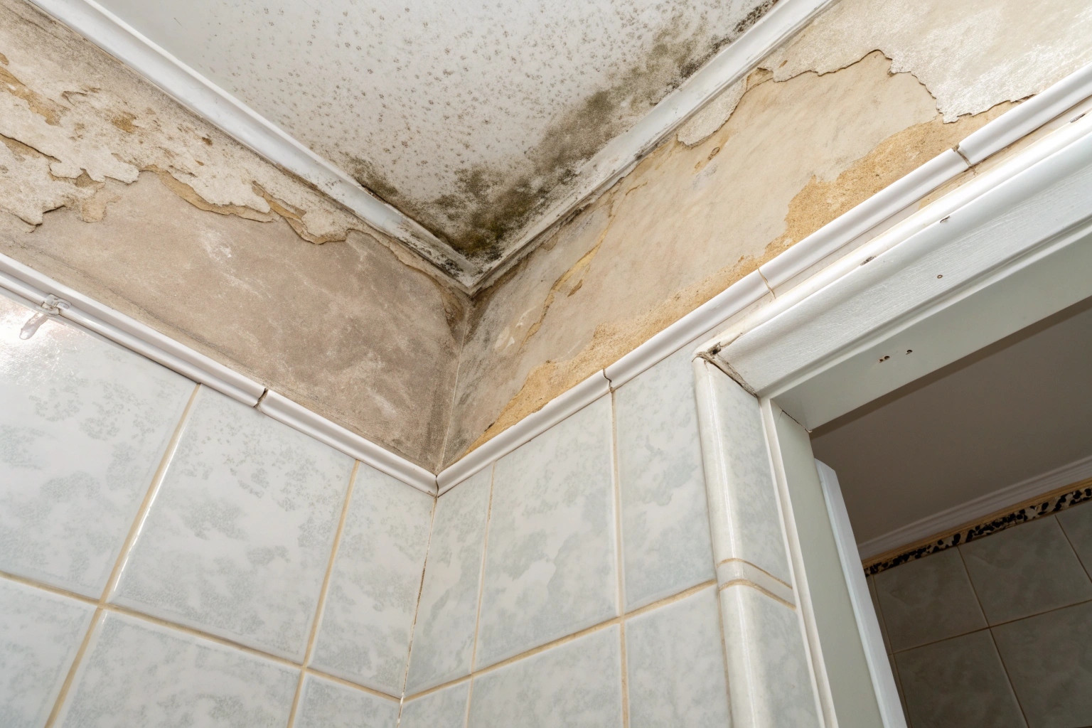 Water stain and peeling paint on a wall backing onto a bathroom