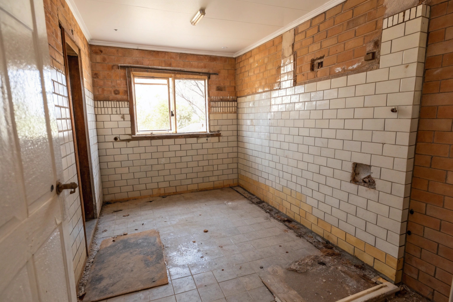 Older Illawarra bathroom mid-renovation with tiles stripped back to reveal the substrate