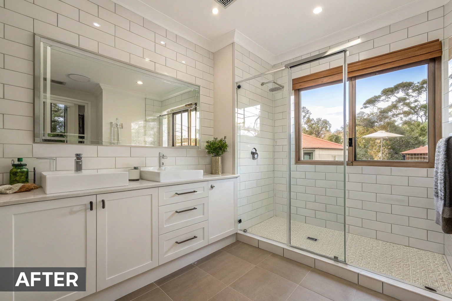 Freshly completed, fully tiled bathroom