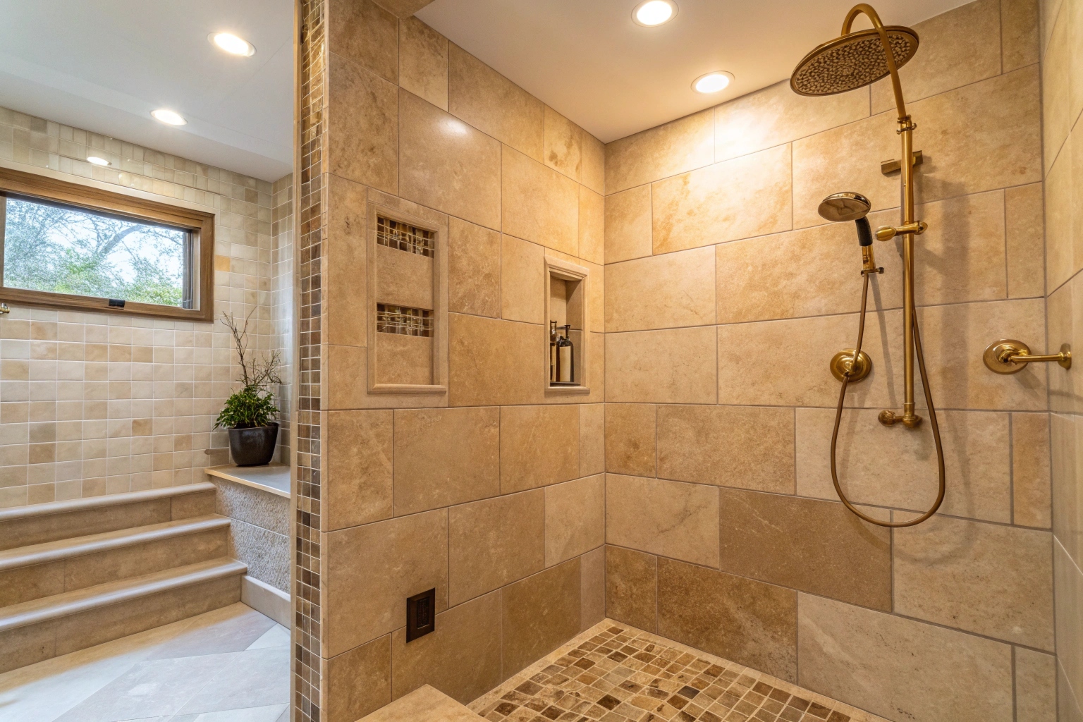 Modern shower renovation with large warm-toned tiles and a step-free entry