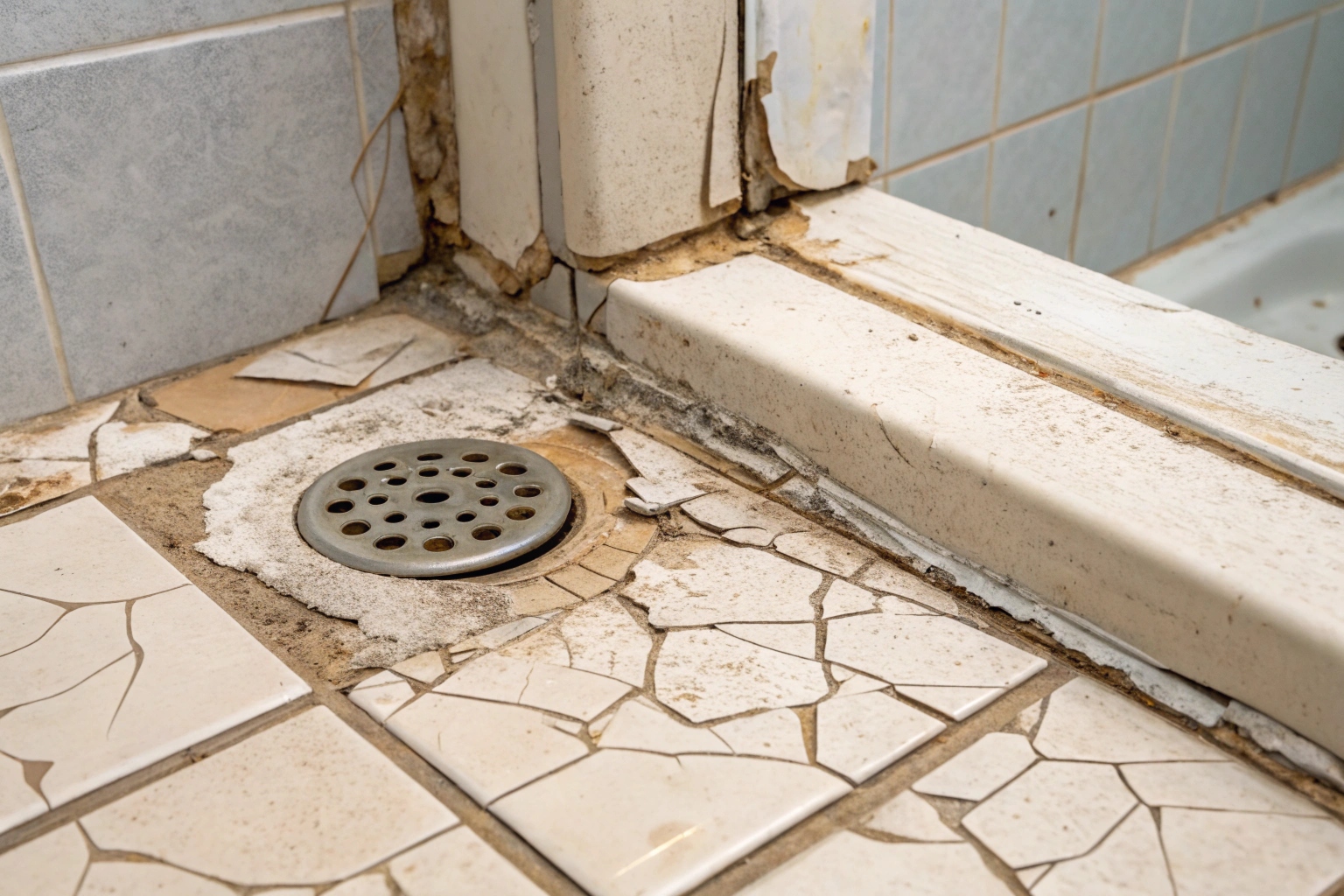 Shower with cracked grout and peeling silicone, water pooling on the floor