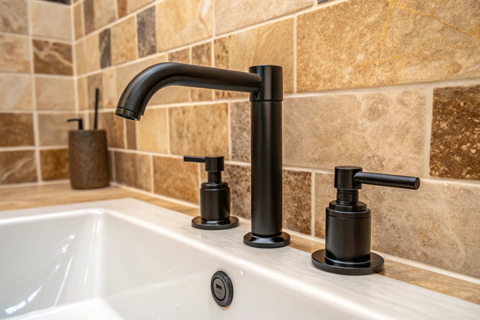 Close-up of matte black tapware in a small modern bathroom