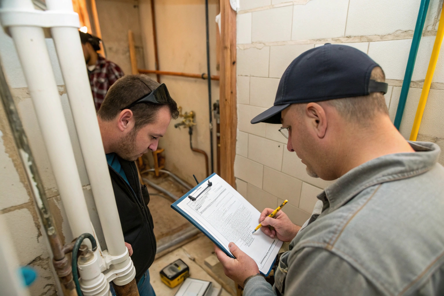 Tradesperson and homeowner reviewing a renovation quote in a small bathroom