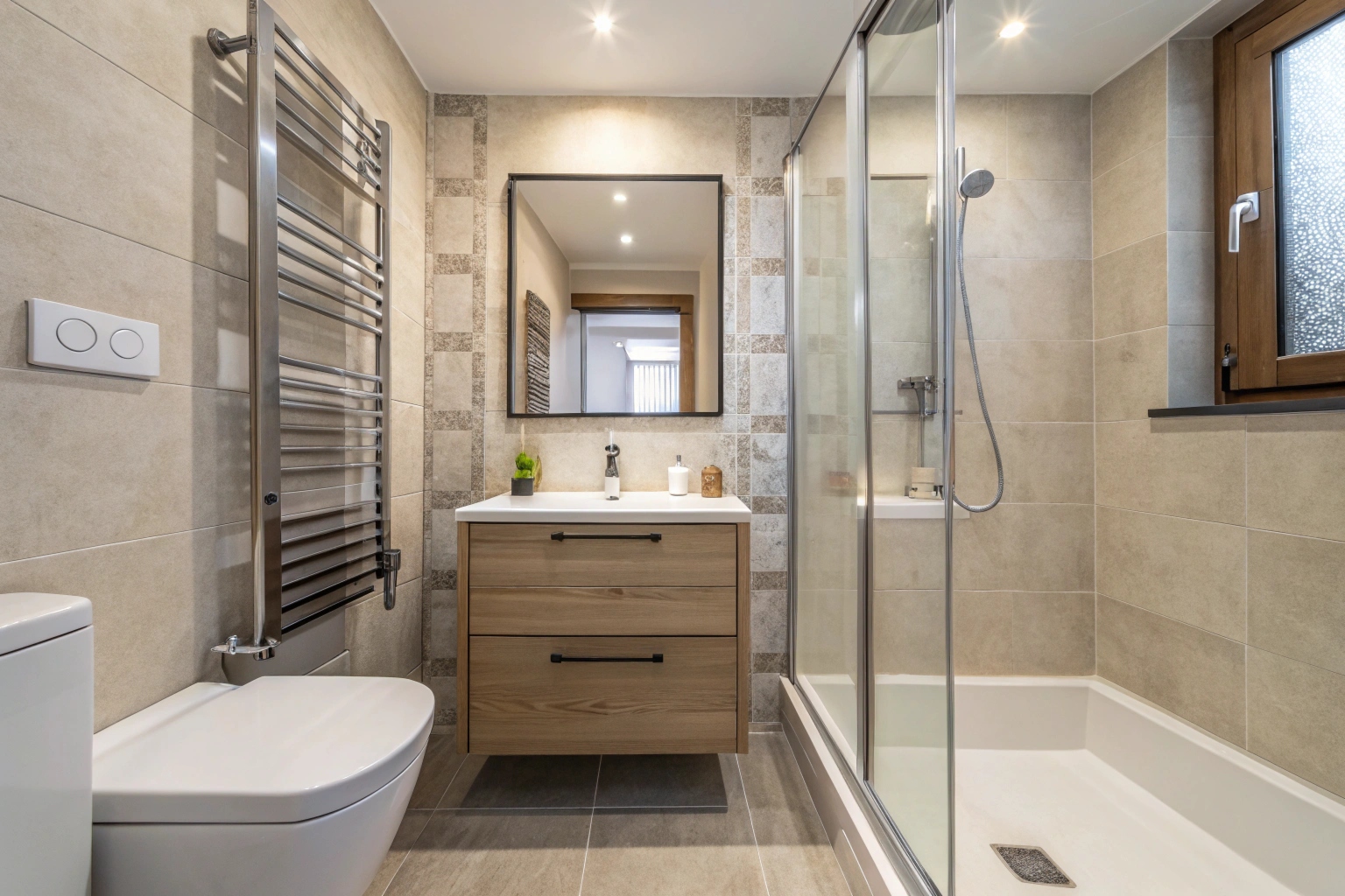 Compact modern bathroom with wall-hung vanity and large-format tiles