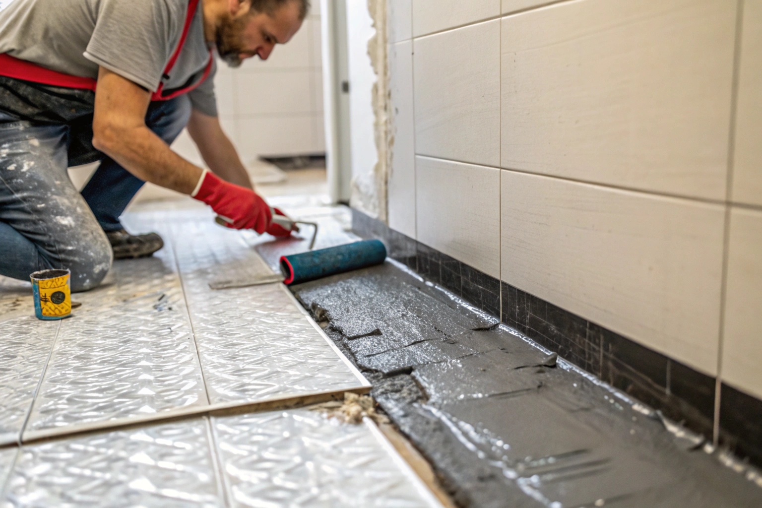 Waterproofing membrane applied to a small bathroom floor and wall junction
