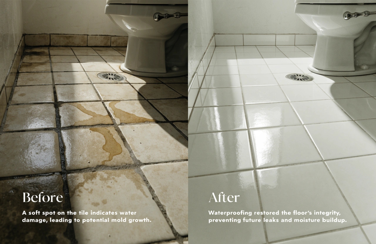 Before and after split photo of a damaged tiled floor repaired in a Wollongong home