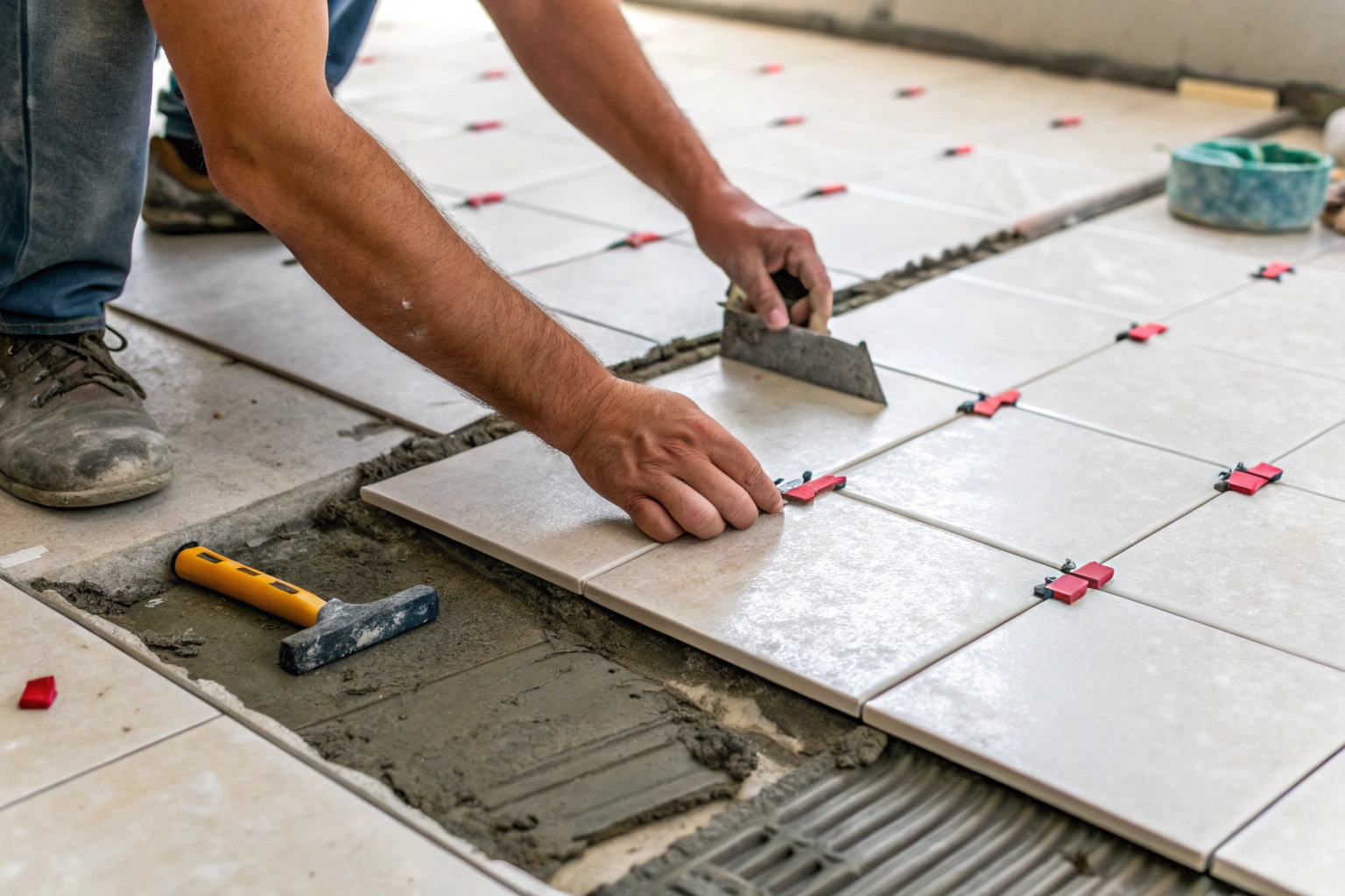 Tradesperson laying floor tiles in an ensuite renovation