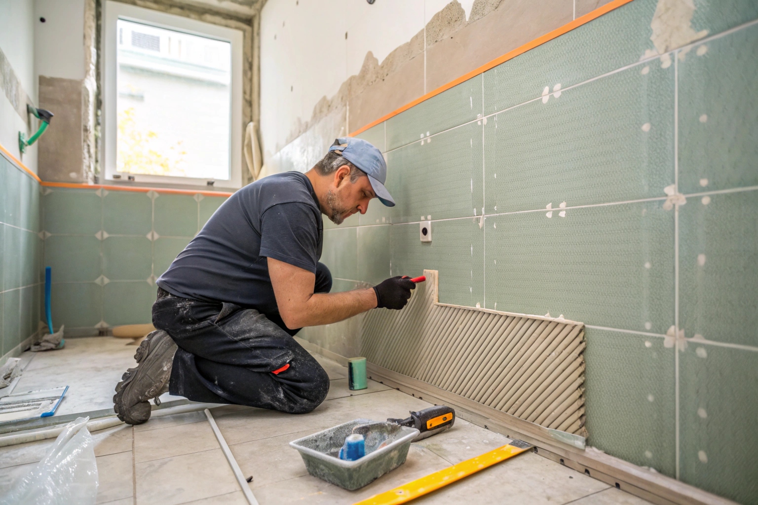 Tradesperson tiling a shower wall mid-renovation with waterproofing membrane visible