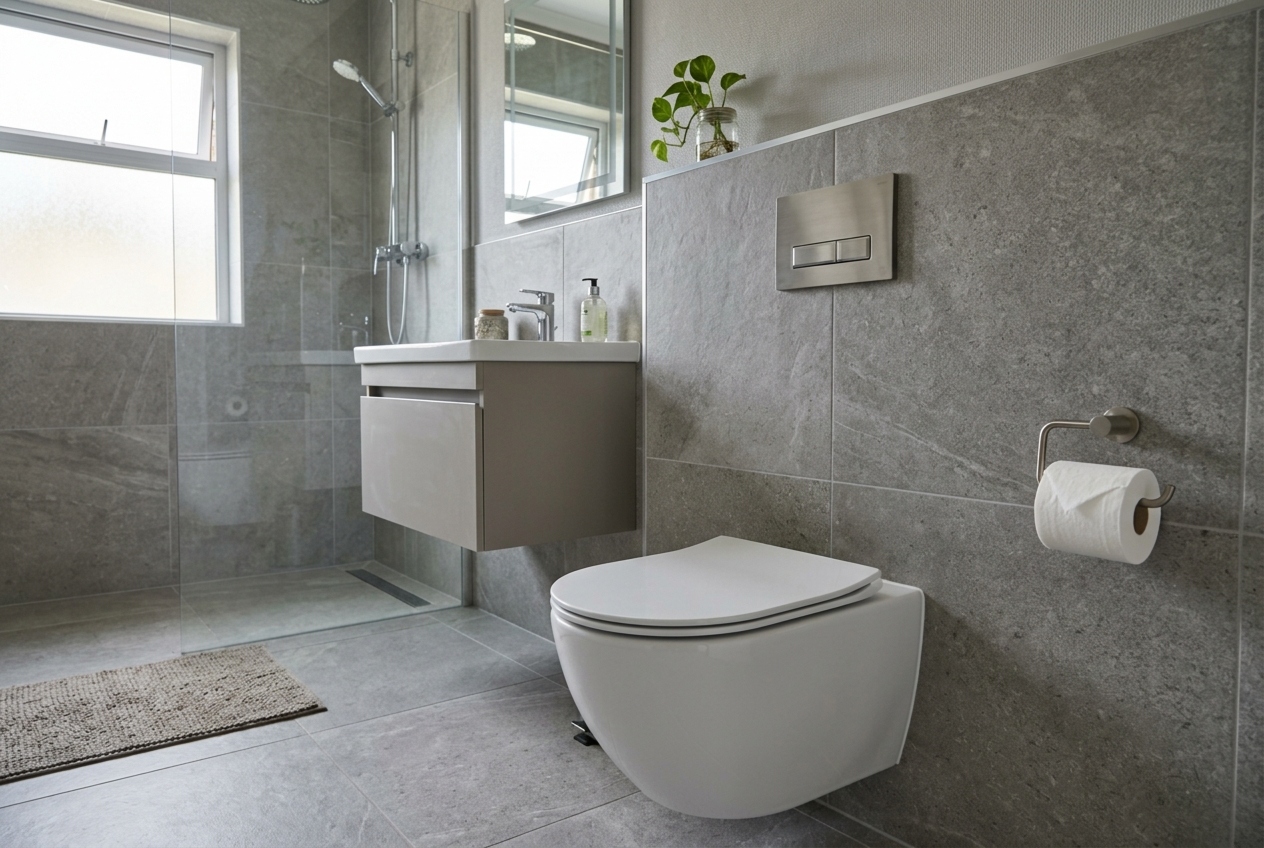 Freshly installed modern toilet in a renovated bathroom