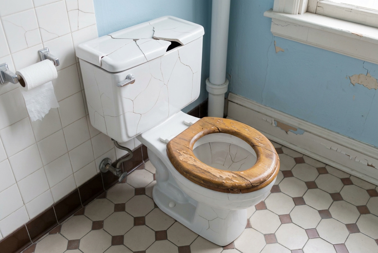 Old worn toilet with a cracked cistern lid