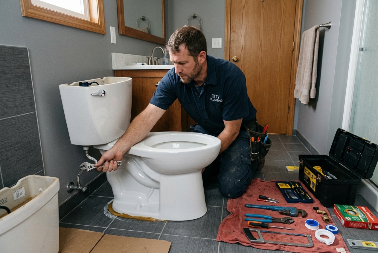 Plumber installing a new toilet