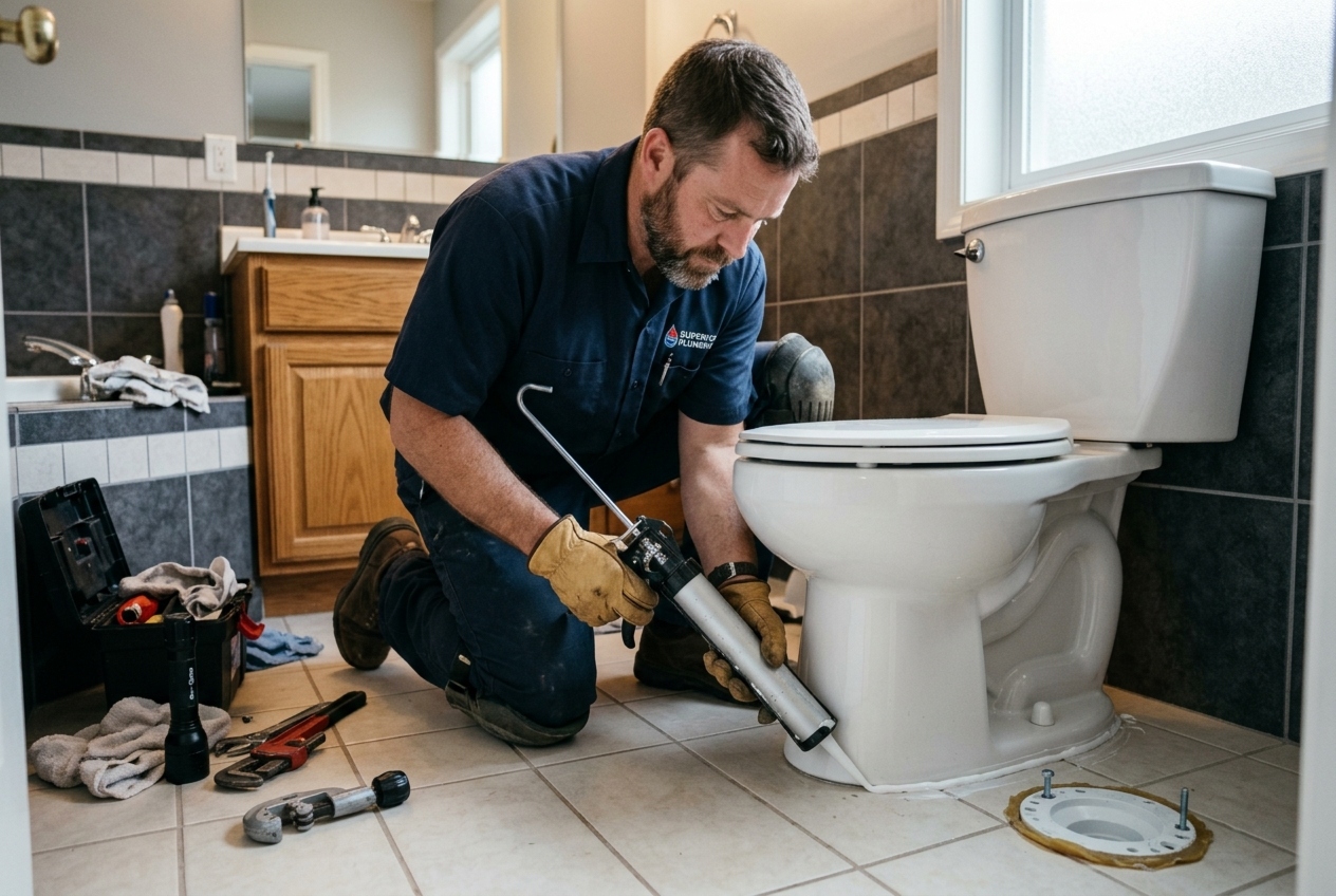 Plumber sealing the base of a toilet during installation