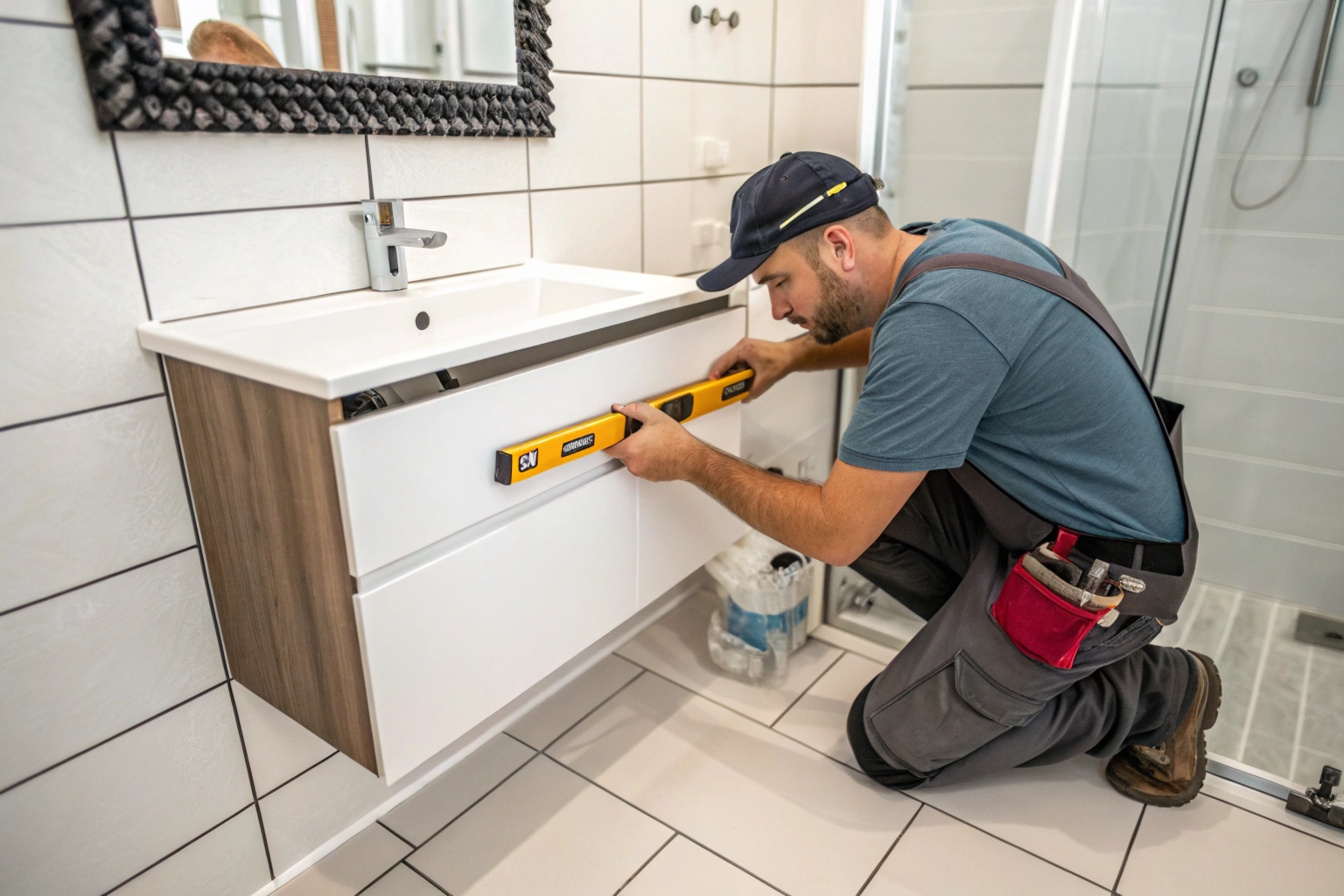 Tradesperson fitting a wall-hung vanity in a newly tiled ensuite