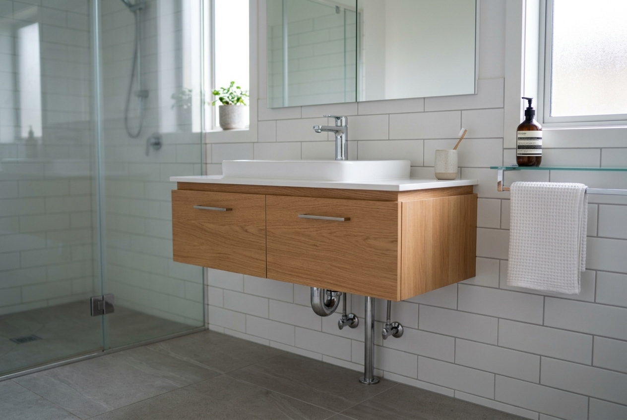 Freshly installed wall-hung bathroom vanity with tapware connected