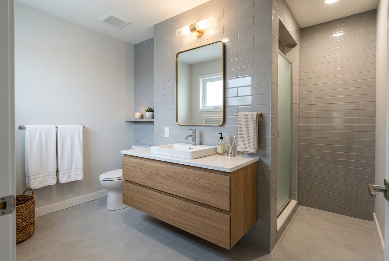 Finished bathroom with vanity, mirror, and tiled walls