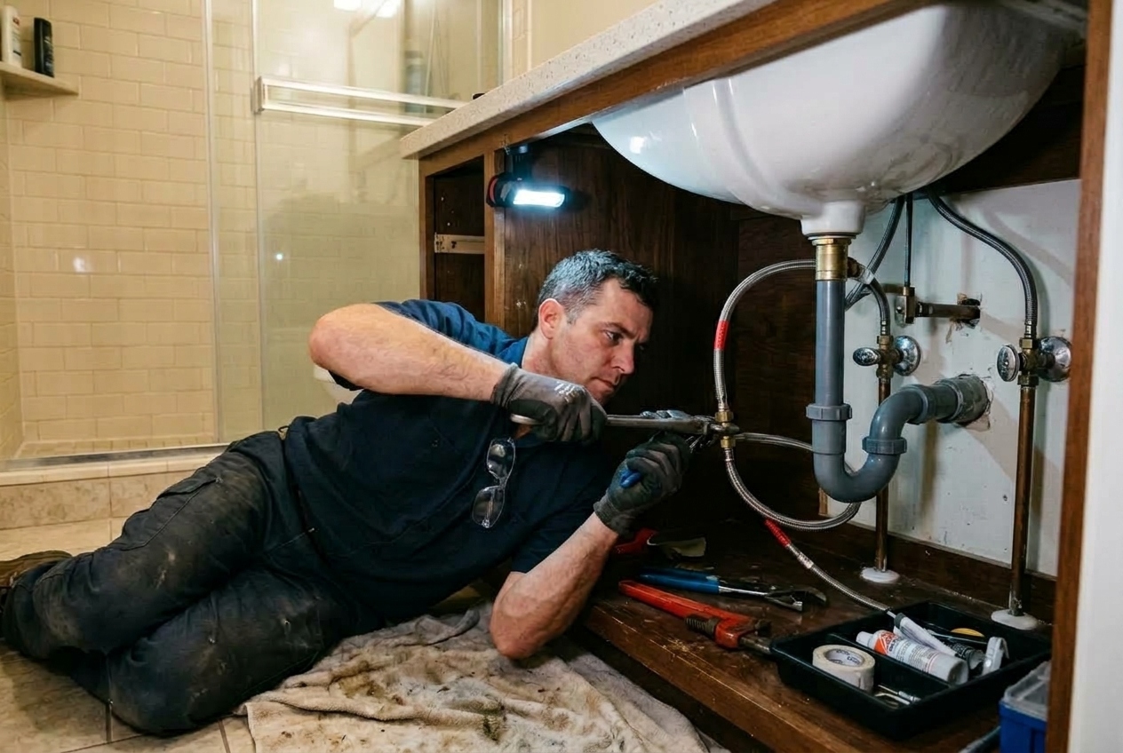 Plumber connecting water pipes under a bathroom vanity