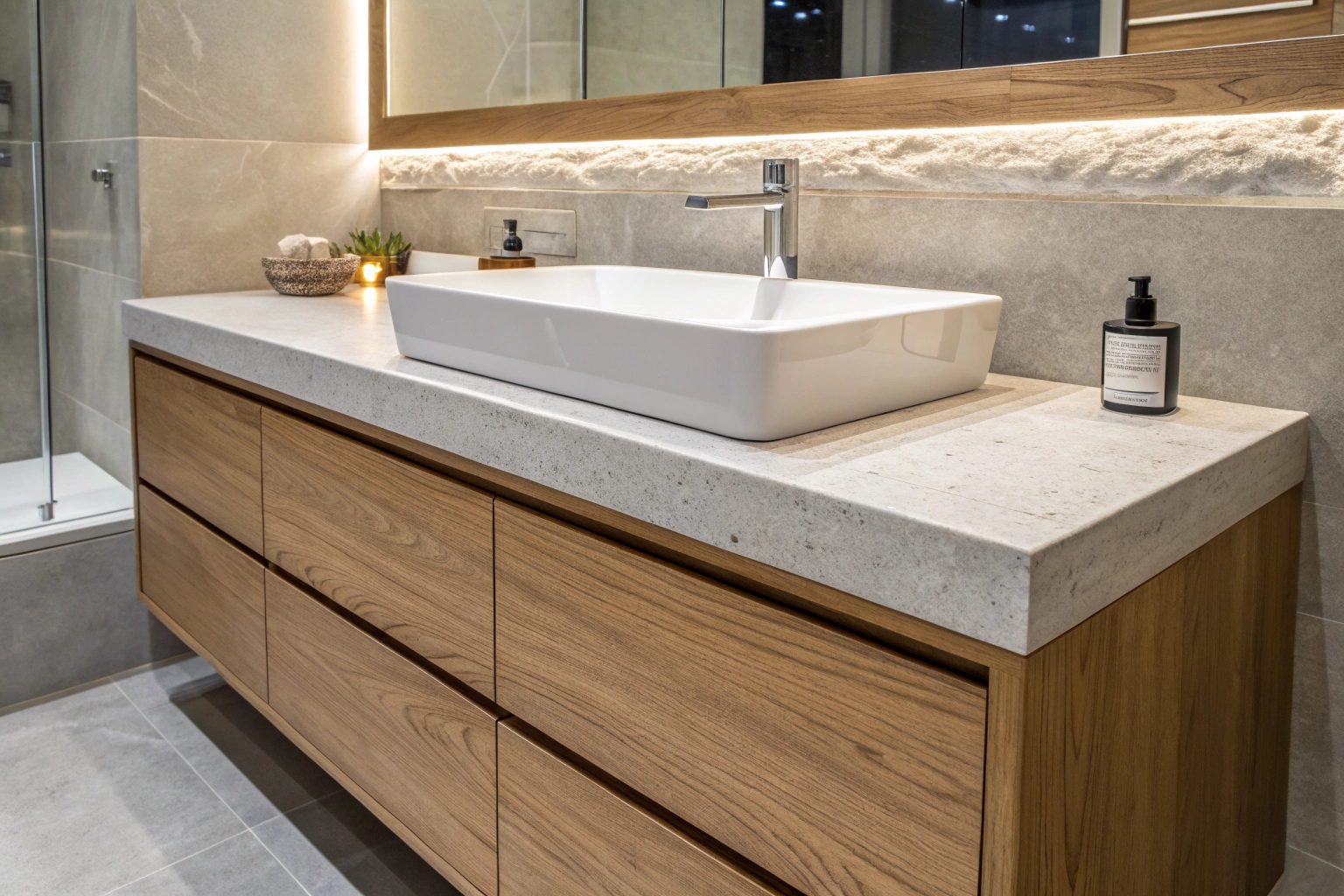 Modern bathroom vanity with stone top and timber cabinet