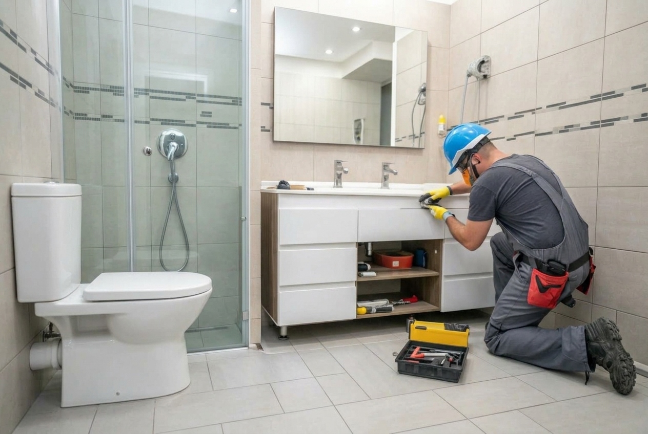 Tradesperson installing a bathroom vanity