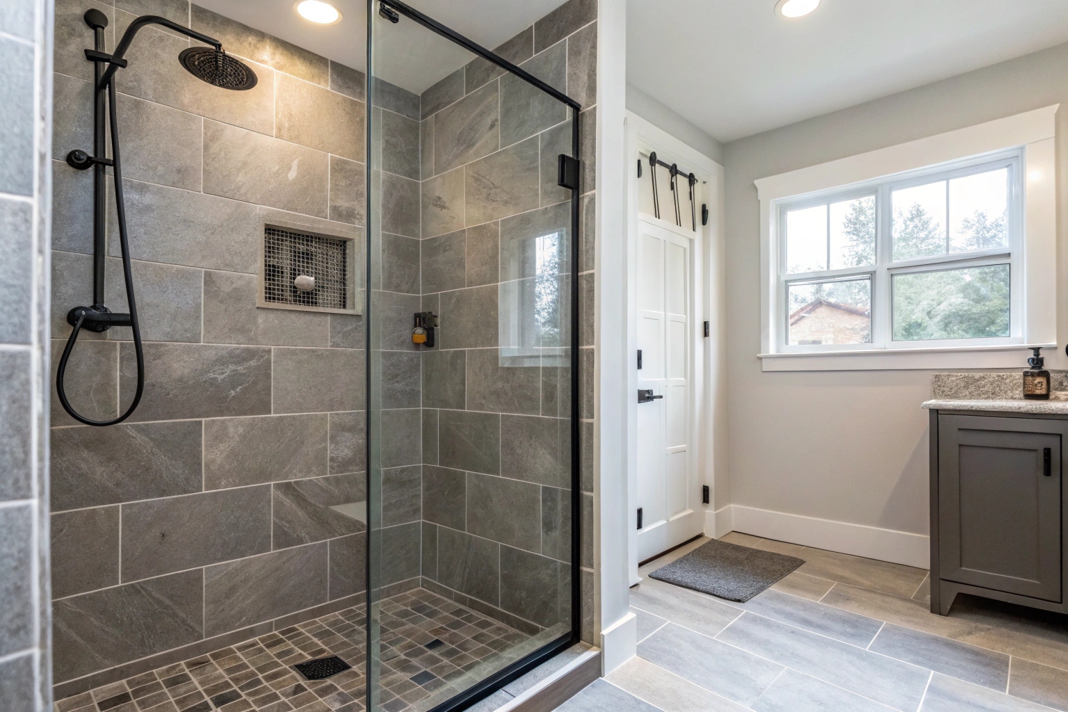 Newly renovated walk-in shower with large grey tiles and a frameless glass screen