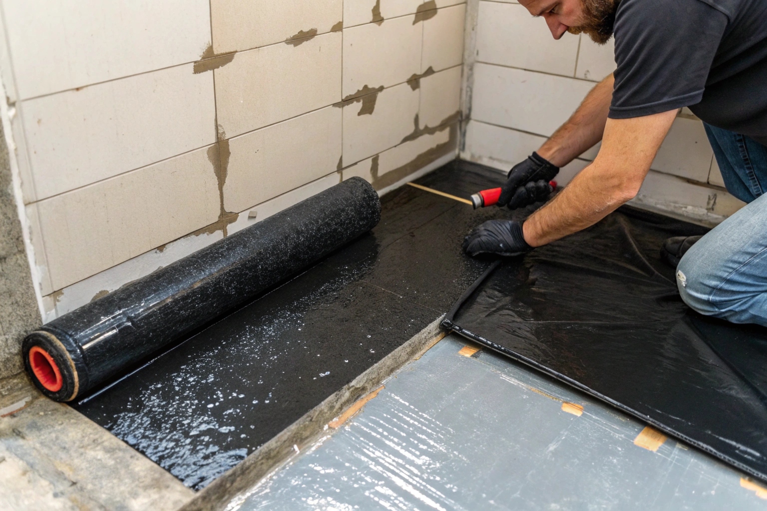Waterproofing membrane applied to an ensuite wall-floor corner junction